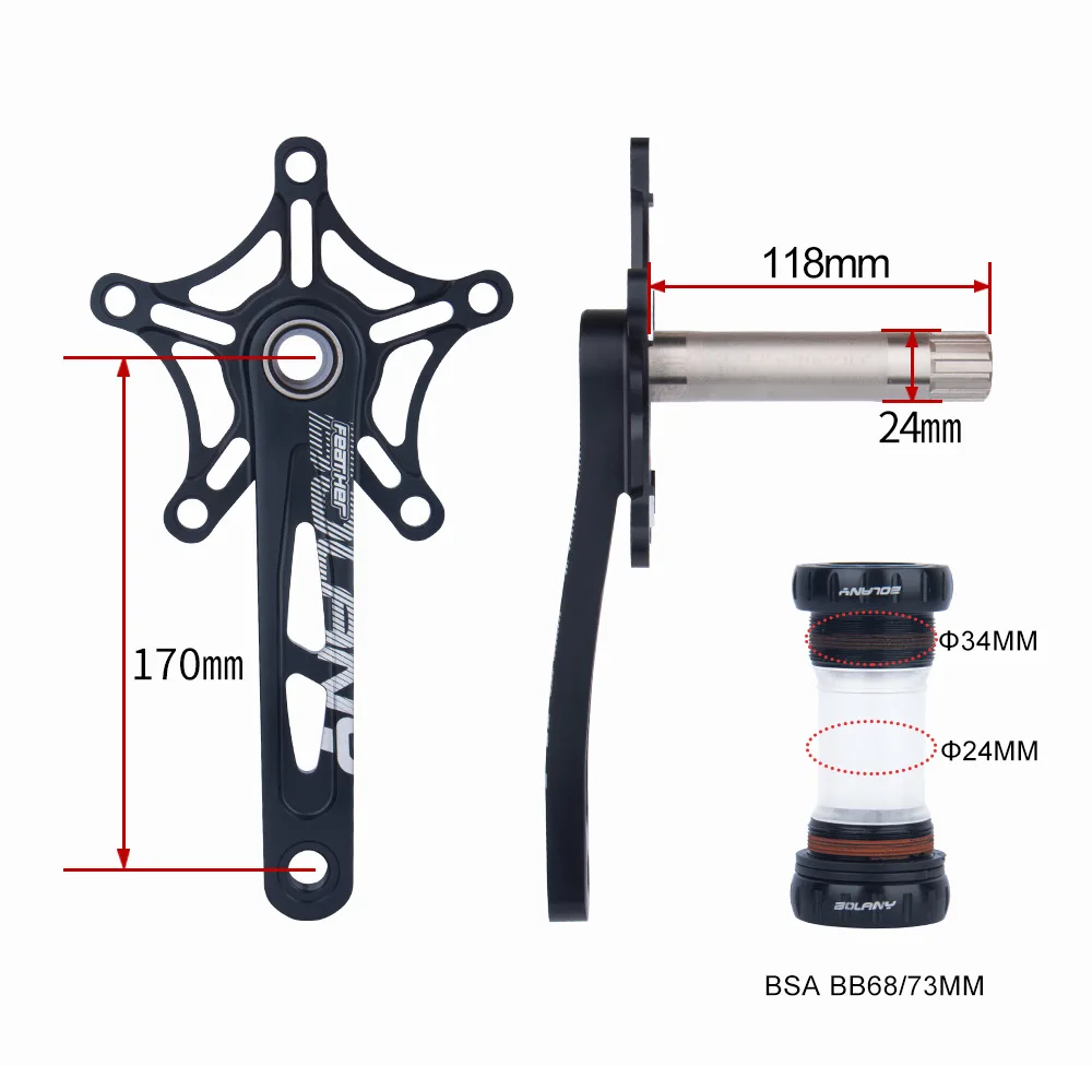 BOLANY-Integrated Hollow Crankset/Platter, Positive and Negative Aluminum Crank Set, Ceramic BB, 170mm, 54 T, 56 T, 58T image 2