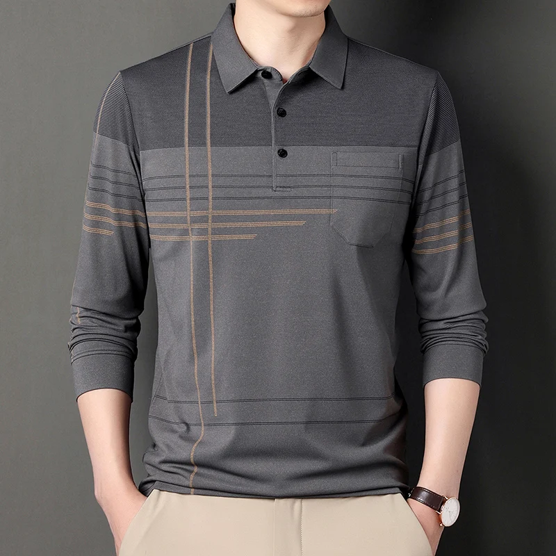 Men Long Sleeve Golf Shirt Button Business Polo Shirt Lapel Casual T-Shirt