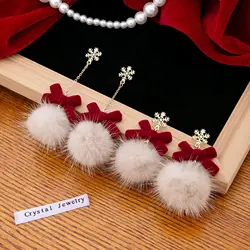 Silver needle wine red bow flocking earrings Christmas snowflake Hairball long fringe chain earrings for women