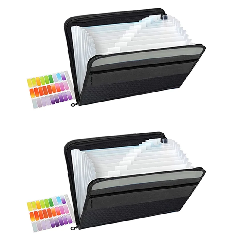 2X 13 Pockets Expanding File Folder A4 Plastic Document Wallet Organizer For Personal Office Stationary Storage(Black)