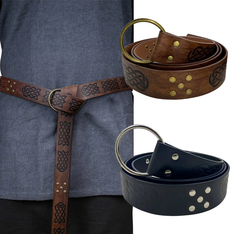 

Medieval Belt Retro Leather Embossed Rivet Viking Vegvisir PU Leather O Ring Belt Renaissance Knight Buckles Belt Cosplay Props