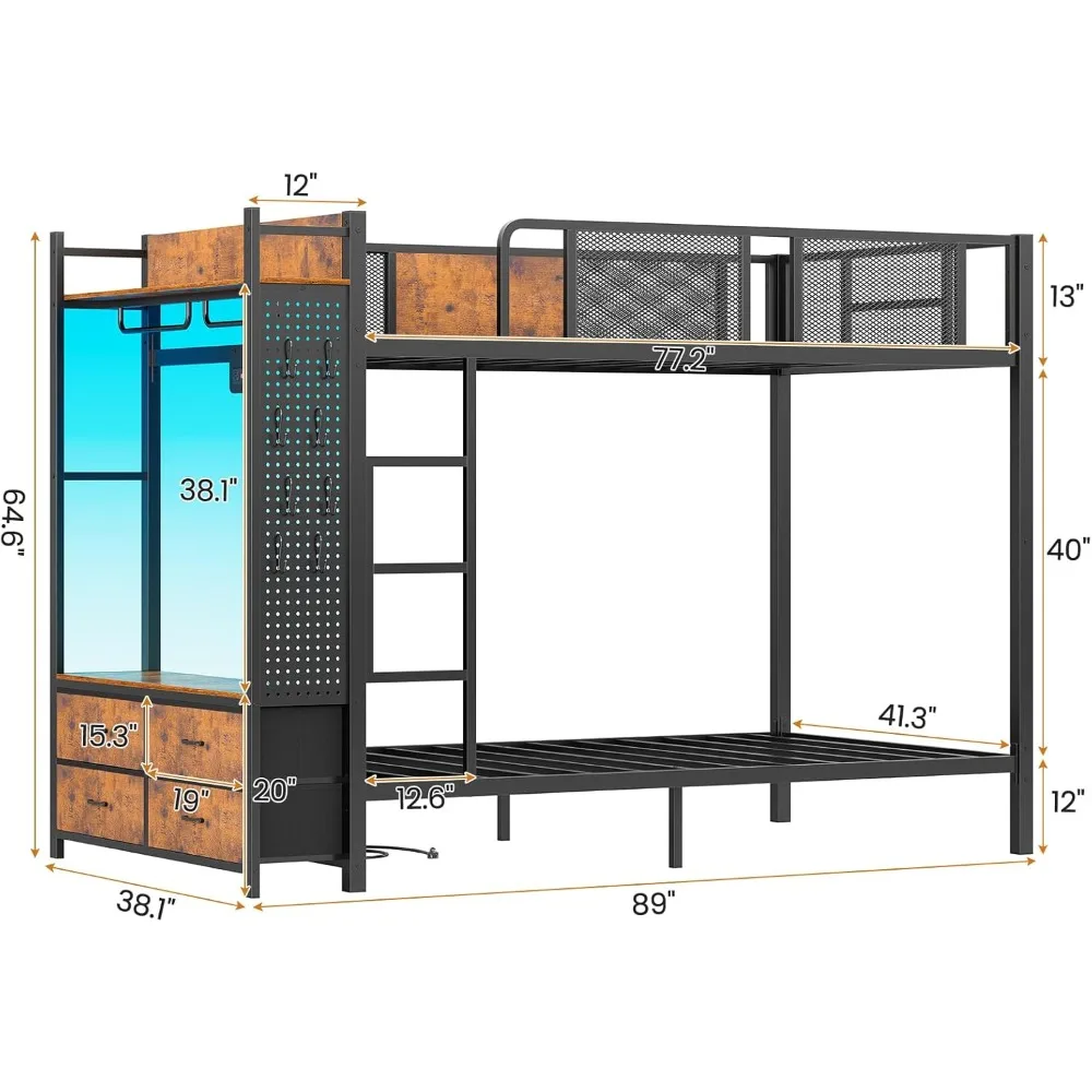 Metal Bunk Bed Twin Over Twin with Hall Tree, Power Outlet, LED Bunk Bed with 4 Storage Drawers, Bed with Safety Guardrail