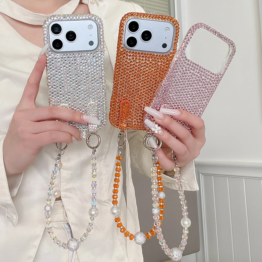 

Luxury Sparkling Full Diamond Glitter Case For iPhone 13 14 15 16 17 Pro Max Plus With Diamond Chain Bracelet Shockproof Cover