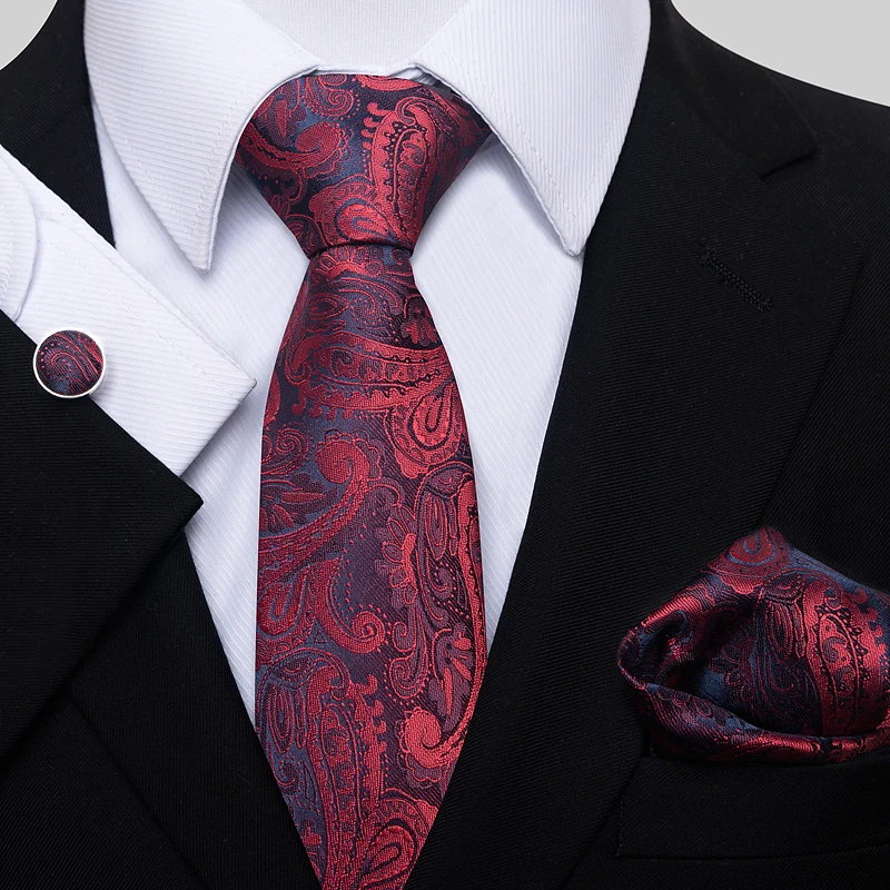 Top Grade 8 cm 100% Silk Tie Hanky Cufflink Set Necktie For Men Suit Accessories Red Paisley Wedding Gravatas Fit Party