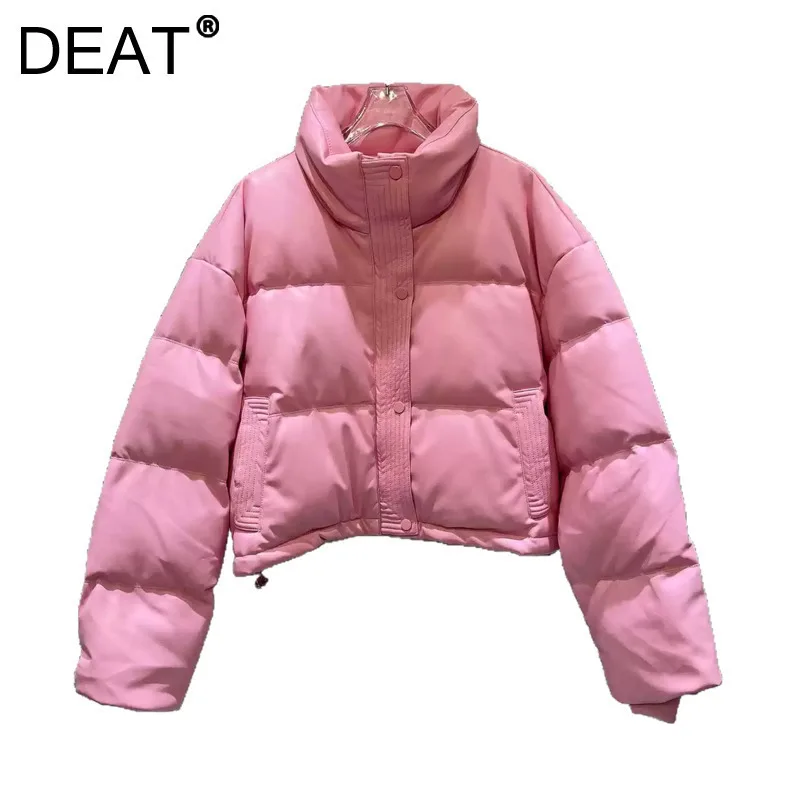 DEAT Women's Coat PU Leather Drawstring Stand Collar Cotton-padded Thick Solid Color Jackets 2025 New Spring Fashion 11A06189