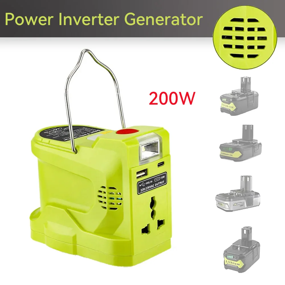 Generatore di corrente portatile da 200W con doppia luce a LED USB 280LM per Inverter portatile a batteria al litio Ryobi 18V