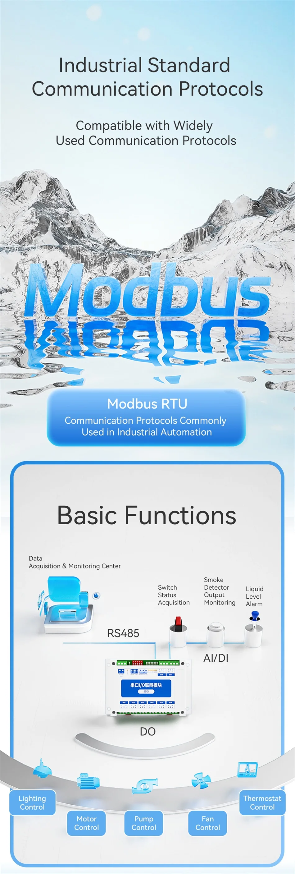 ModBus RTU Serial IO Module RS485 Interface AI DI DO 8 Digital Outputs Rail Installation 8~28VDC CDEBYTE MA01-AXCX4020