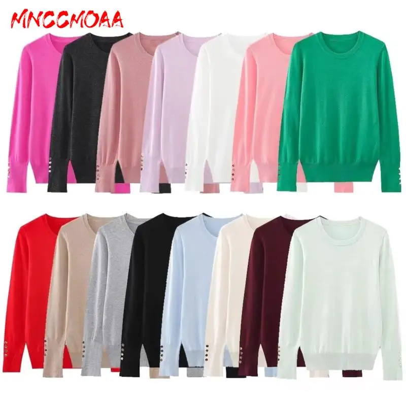 

MNCCMOAA-Women's Elastic Slim Knit Sweater, Long Sleeve Top, Round Neck, Monochromatic Pullovers, Casual Fashion, Autumn, 2024