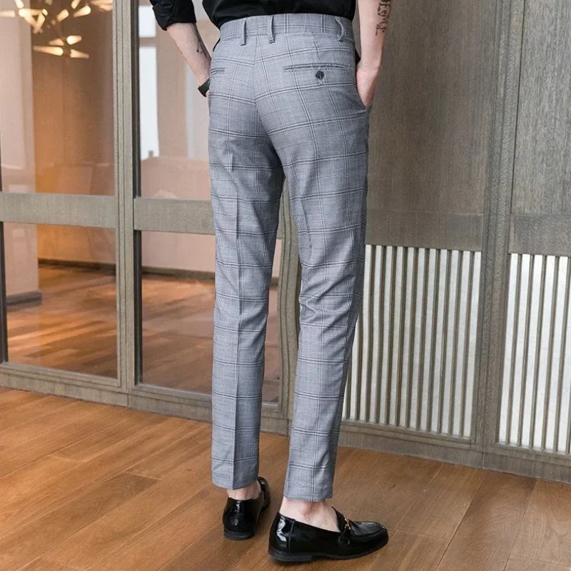 Check Men\'s Summer Pants Straight 9 Cropped Male Suit Trousers Plaid Anti-wrinkle Tailoring Cheap Thin Casual Designer Clothes