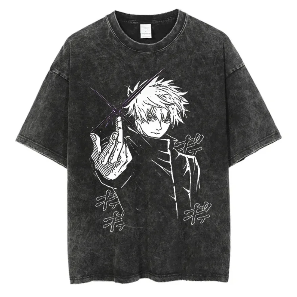 

2025 Men's Anime Washed Tshirt Harajuku Summer 100% Cotton Short Sleeve Oversize Tees Vintage Streetwear T-Shirt New