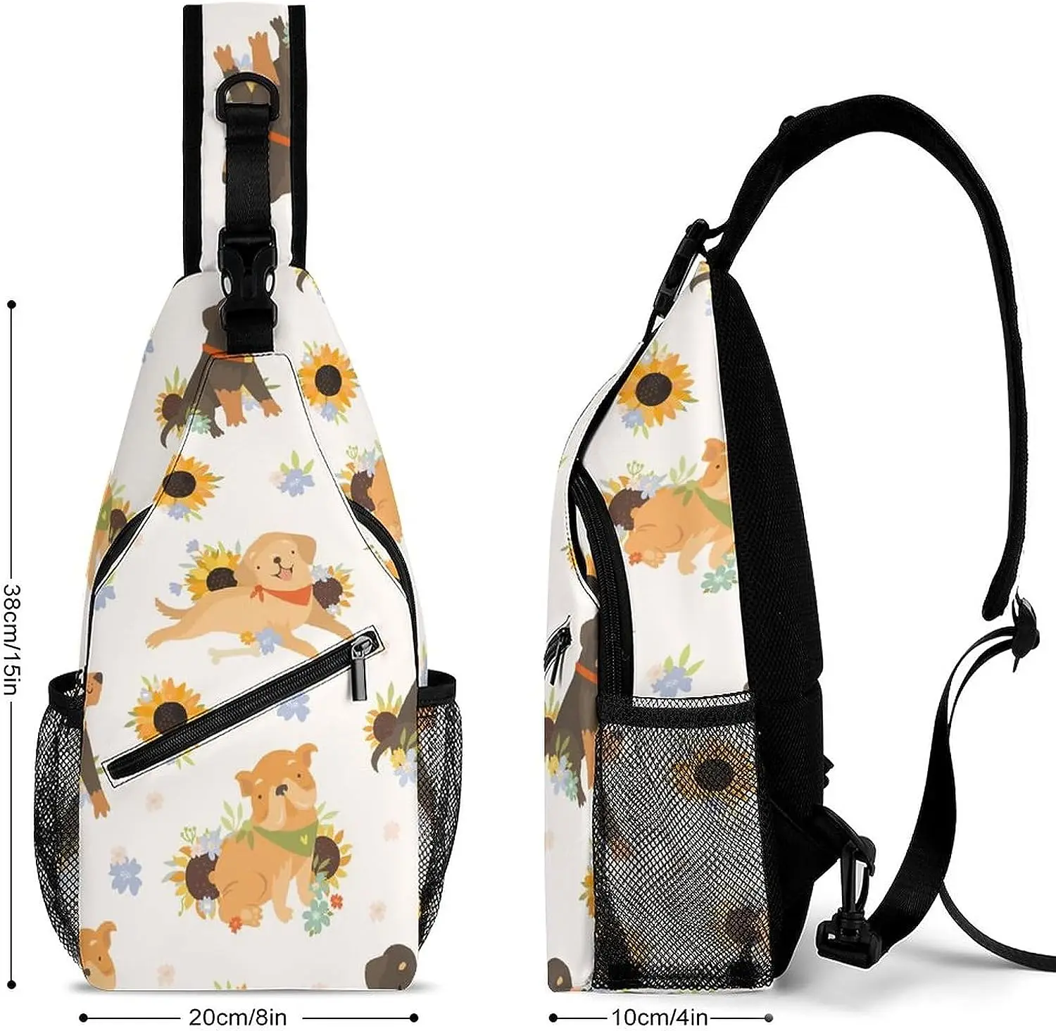 Dogs Pattern Sunflowers Sling Bag Crossbody Shoulder Chest Bags Print Backpack Travel Daypack for Women Men Unisex Casual