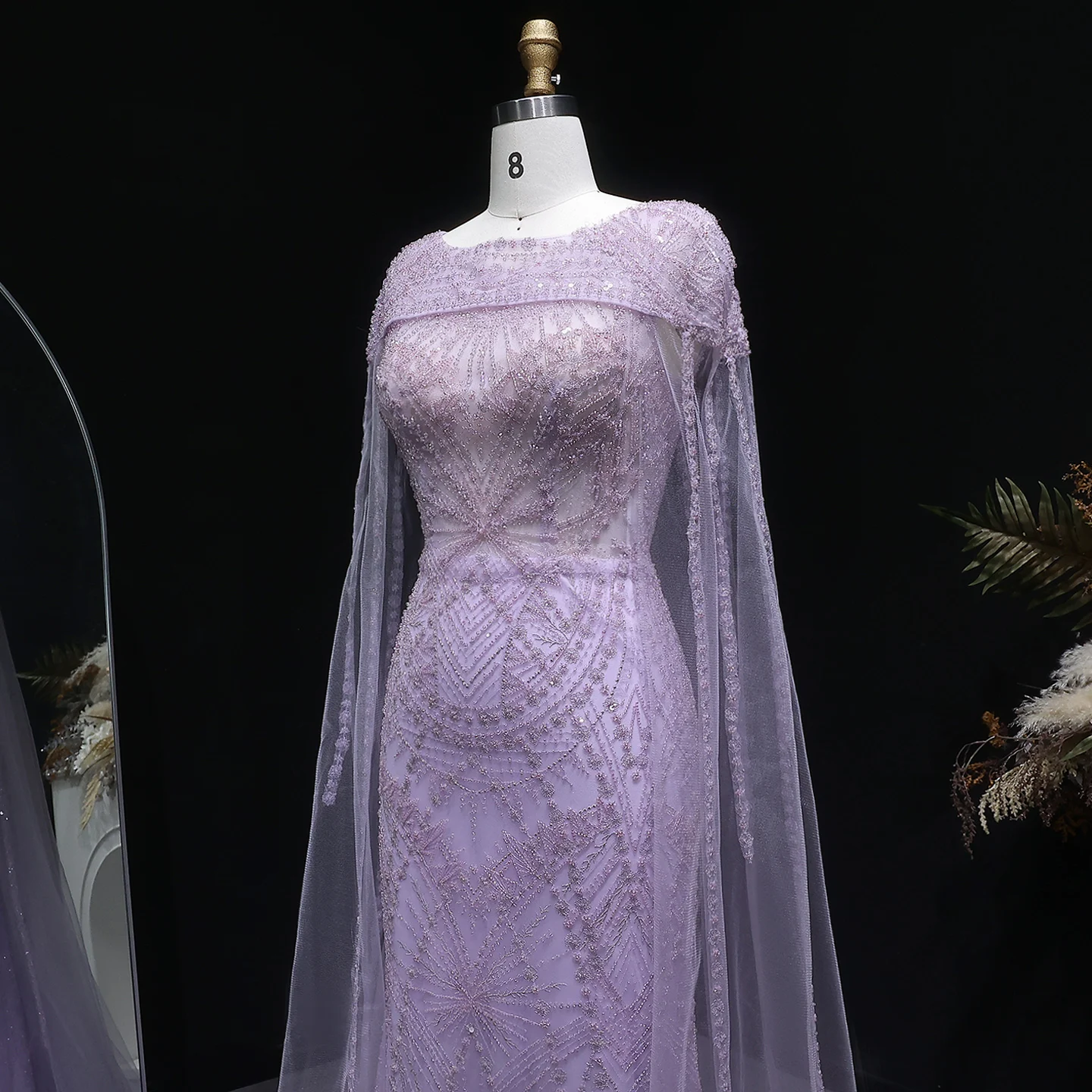 Sharon Said Elegante Fliederfarbene Meerjungfrauen-Abendkleider mit Cape-Ärmeln, Luxuriös Perlenbestickte Arabische Damen-Abendkleider SS019 Maßanfertigung – Detail 7
