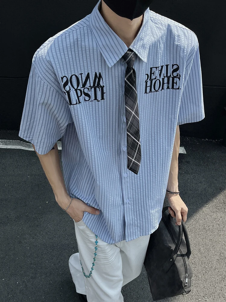 

Мужская летняя рубашка свободного кроя с коротким рукавом, новая модель, в полоску, с текстурой, в американском стиле, модный бренд, в университетском стиле