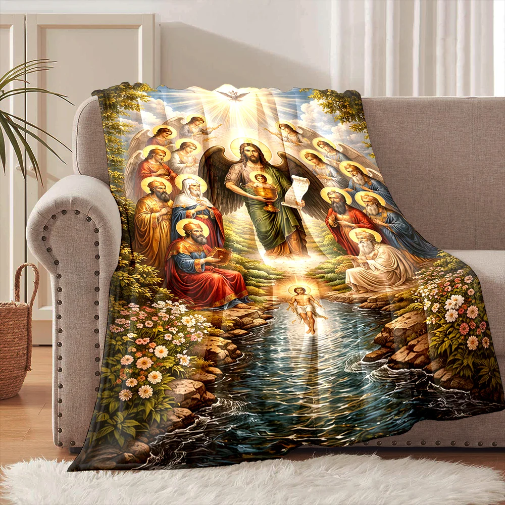 Angels and saints surrounding light Faith-printed Flannel Blanket Soft and Warm Suitable for Home Travel Picnics Camping RV