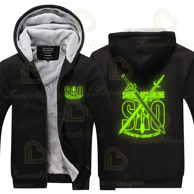 SAO Sword Art Online Luminescent Hoodie Men's Winter High Quality Warm Thicken Fleece Zipper Sweatshirt Coat Jackets Hoody Male