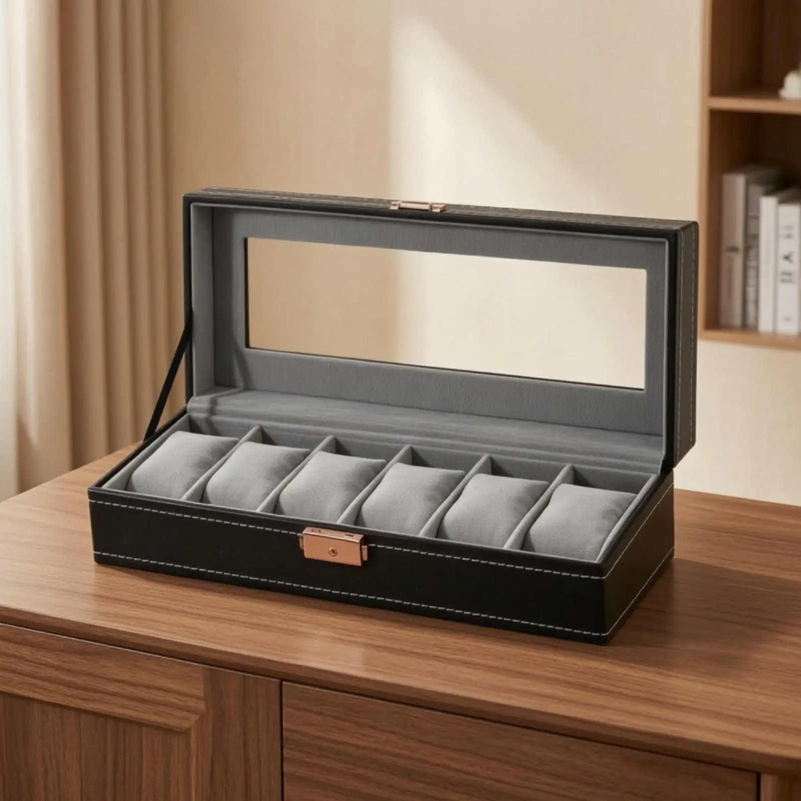Watch Storage Case with Transparent Lid for Men Women PU Leather Lockable Jewelry Box Counter Display Organizer