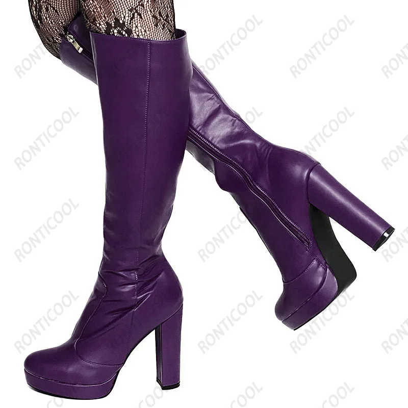 Rontic Handwork Women Winter Platform Knee Boots Full Side Zipper Chunky Heels Round Toe Beautiful Blue Pink Shoes US Size 5-20