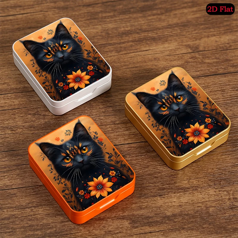 Black Cat with Orange Floral Markings Theme Portable Flip Top Decorative Tin Box, UV Printed Tinplate Box, Travel Storage
