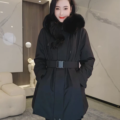 슬림핏 다운 재킷 두꺼운 슬림핏 허리 조임 여우털 칼라 스키 다운 재킷 패딩 코트 다운 재킷 패딩 코트 다운 재킷