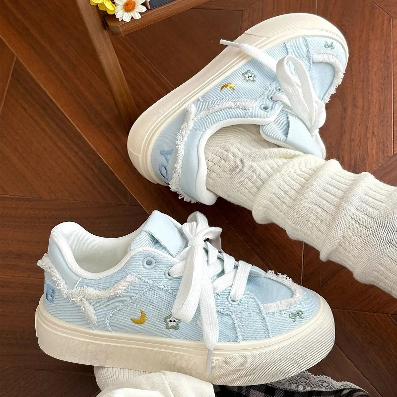 New Blue Frayed Canvas Shoes Women Star Embroidery Trainers Woman Chunky Platform Retro Plimsolls Casual Distressed Sneaker Teen