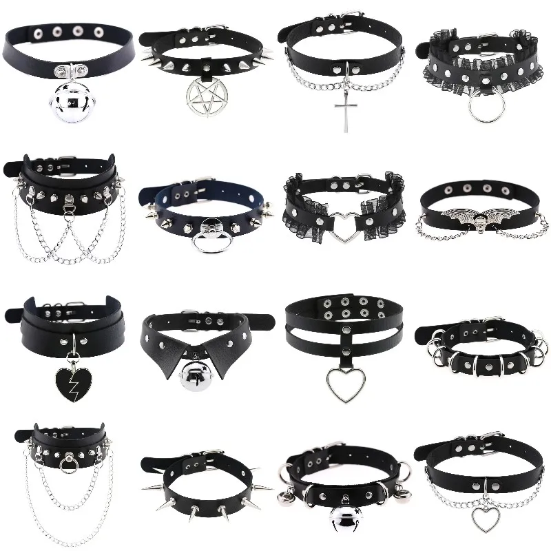 Trendy Punk Spike Rivet Leather Women Choker Bell Pentagram Harajuku Collar Necklaces Handmade Boho Gothic Girl Collier  Jewelry