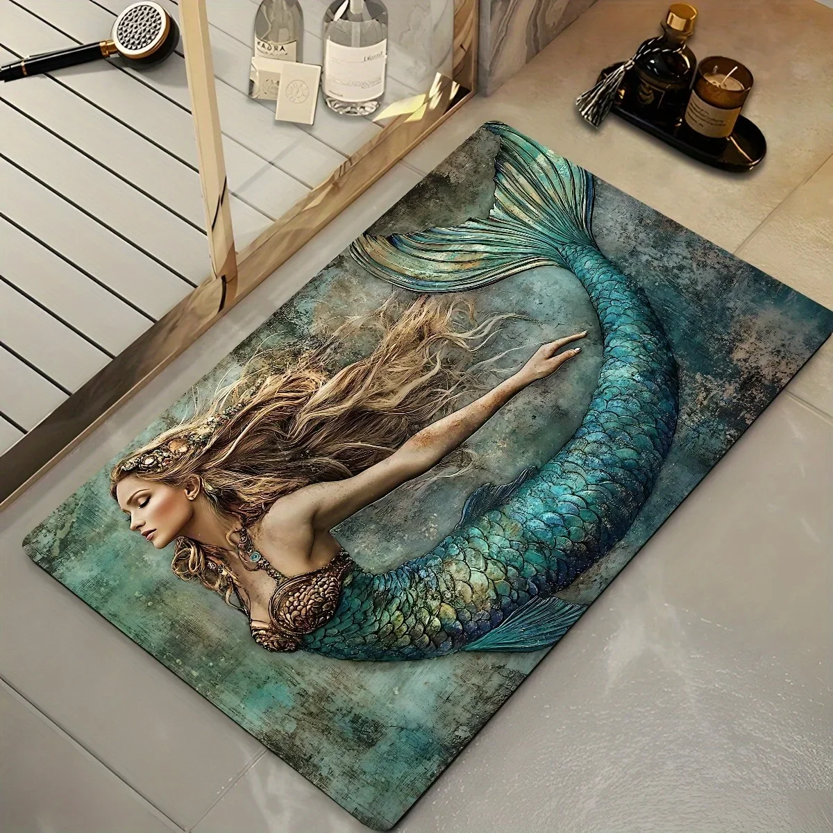 1pc 2D Flat Mermaid Tail Fantasy Art Flannel Bath Mat Non Slip Mythical Creature Rug for Bathroom Spa Relaxation Decor