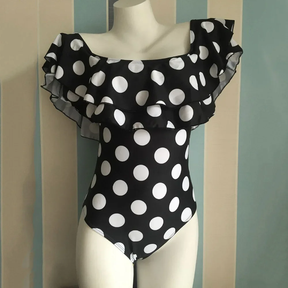 

Sexy Off Shoulder One Piece Swimsuit Polka Dot Plus Size Bathing Suit For Women Ruffled High Waisted Swimwear Beach Wear Bather