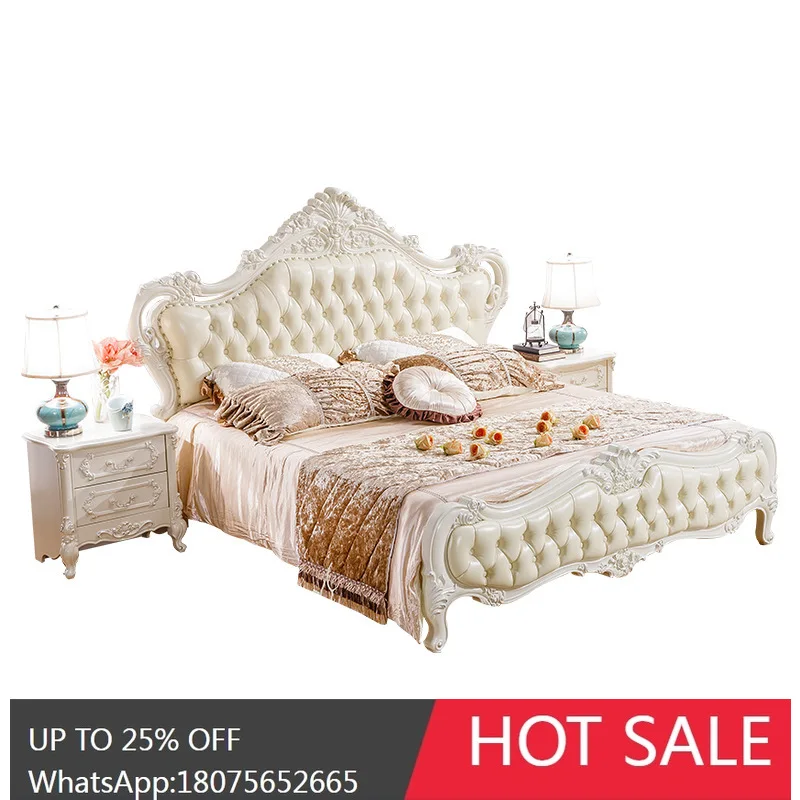 MJY European Style Genuine Leather French Solid Wood Master Bedroom Bed Home Use Top Layer Cowhide Large Bed