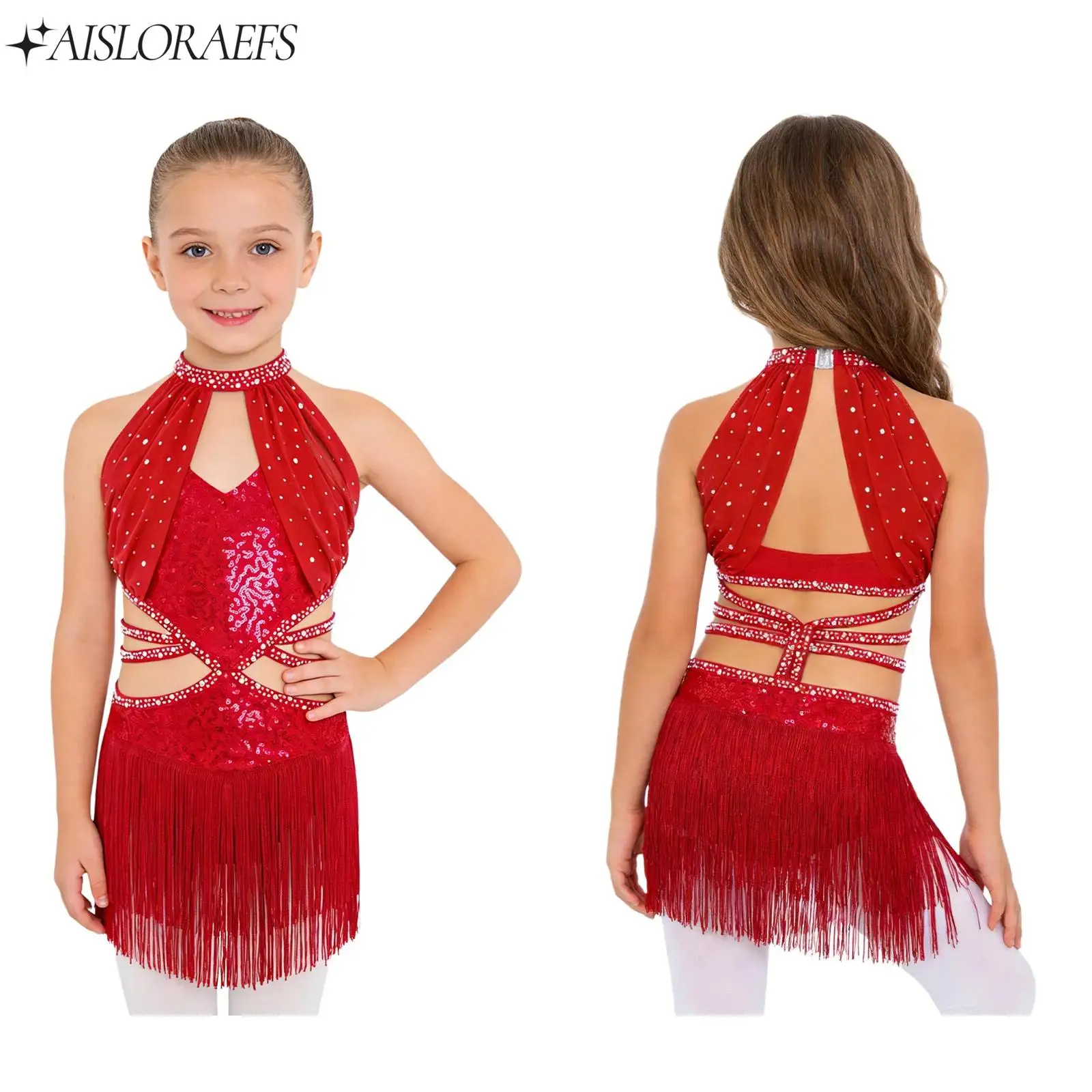 

Kids Latin Jazz Dance Performance Costume Girl Sleeveless Cutout Strappy Waist Tassel Rhinestone Sequin Leotard Chacha Dancewear