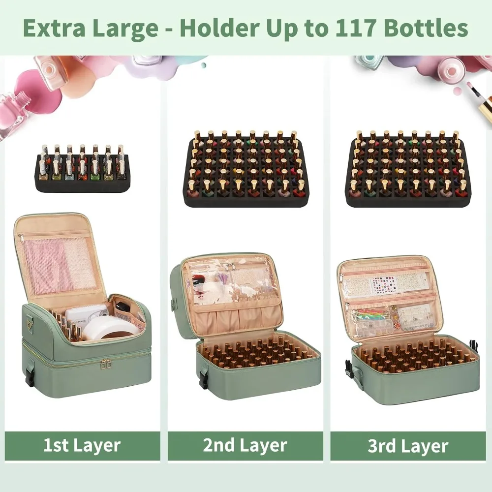 Nail Polish Organizer Case, Holds 117 Bottles & Nail Lamp, Travel Nail Tech Carrying Case, Manicure Tools Storage Box view 3