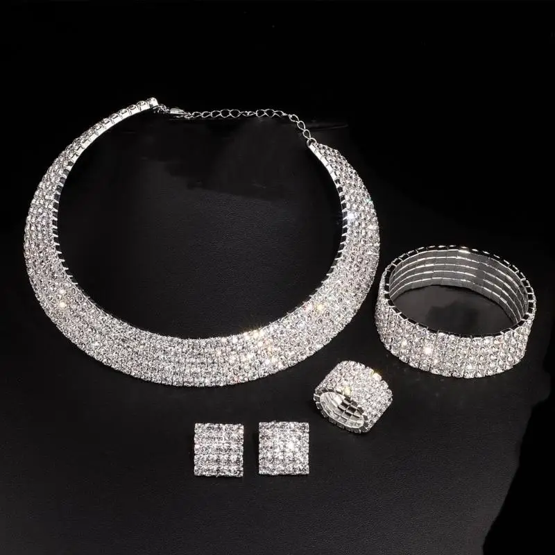 New 3/4Pcs Full Necklace Earrings Ring Bracelet Rhinestone Hollow  Necklace Bridal Set