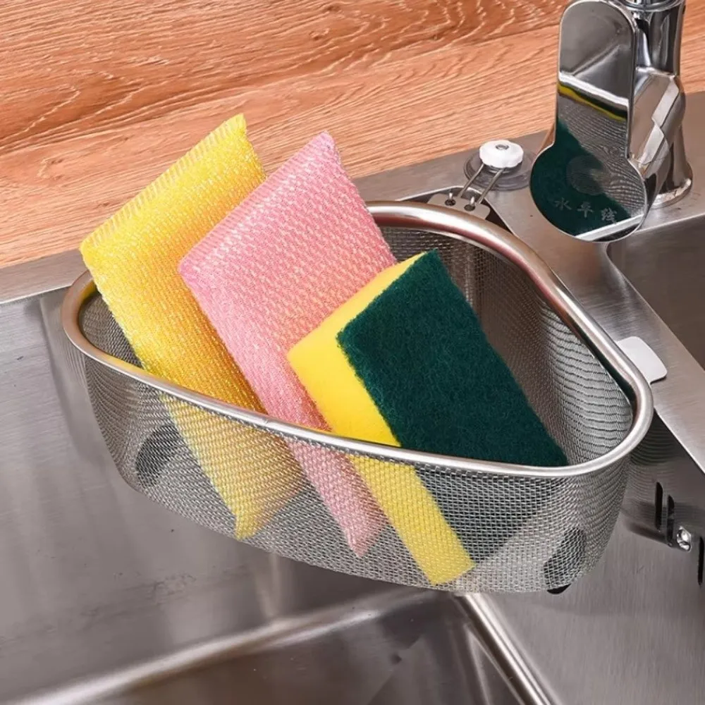 Stainless Steel Kitchen Sink Strainer Mesh Food Waste Trap Drain Basket Rack Dish Draining Fruit Washing Triangle Sink Shelf