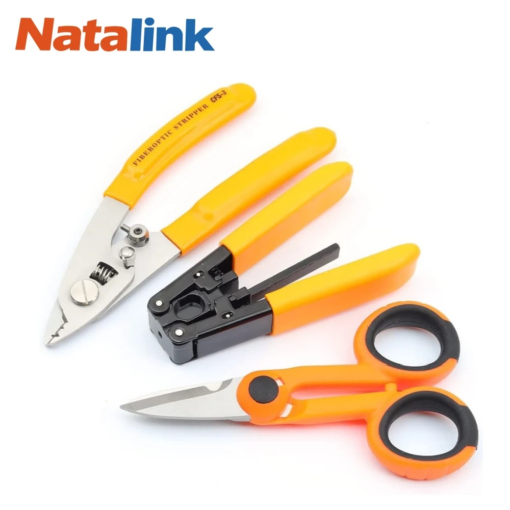 Natalink FTTH Optical Fiber Tool Kit With Fiber Drop Cable Stripper 3-port Hole CFS-3 Stainless Steel Stripping Kevlar Scissors