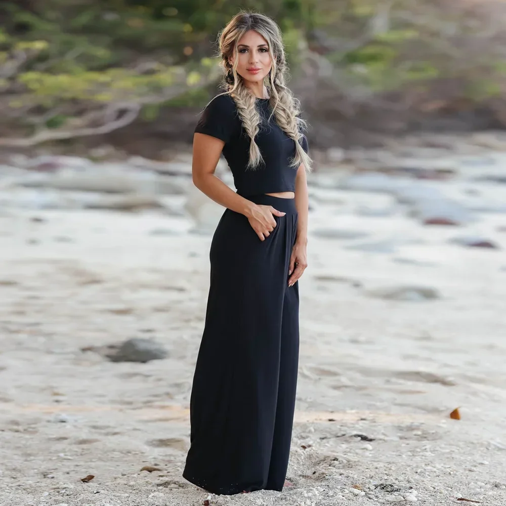 

Women's Spring/summer New Fashion Solid Color Two-piece Round Neck Short-sleeved Short T-shirt + Elastic Waist Wide-leg Pants