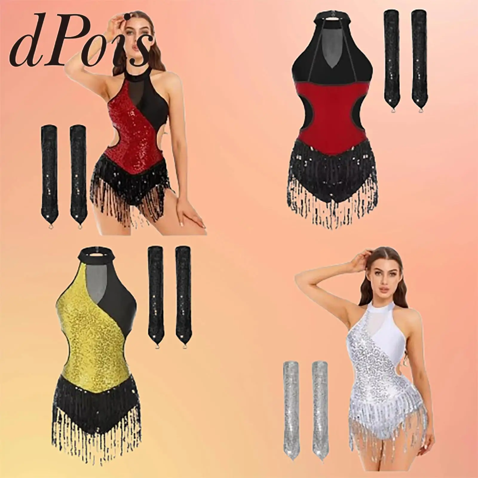 

Women Tassel Bodysuit Latin Dance Jumpsuits Dancewear Costume Tango Leotard with Sequin Performance Gloves Cha-Cha Fringed Tops