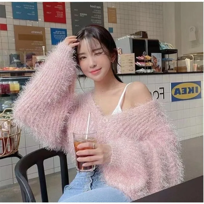 Herbst/Winter 2025, neues Design, V-Ausschnitt, lange Ärmel, neue einreihige, kurze Strickjacke für Damen