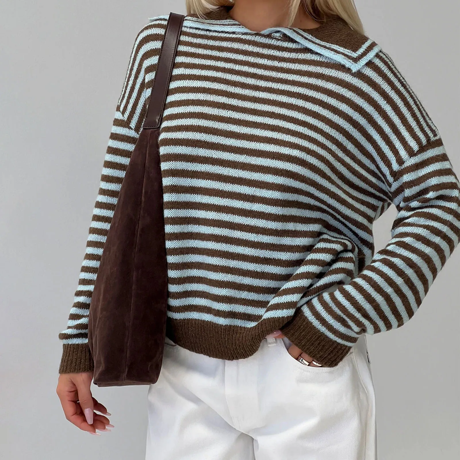 

Vintage Warm Chic Rust Brown Striped Knit Sweater Retro Turn Down Collar Patchwork Pullovers