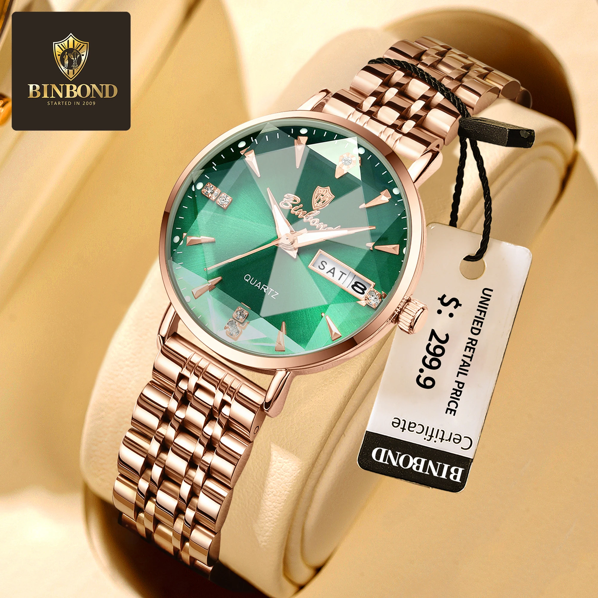 

BINBOND Women's Watch Fashion Luxury Elegant Diamond Mirror Original Quartz Watch Waterproof Strap Date