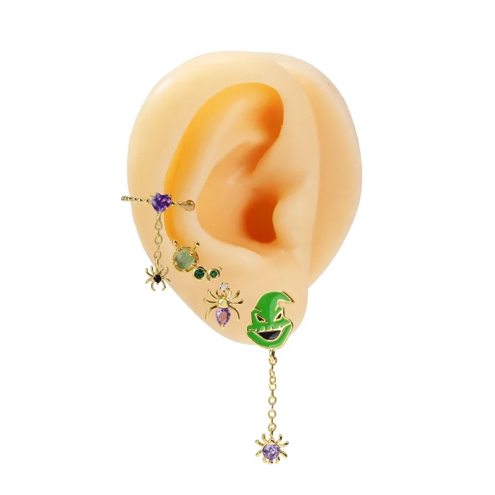 New Ins Punk Fashion Zircon Funny Cute Enamel Green Spider Ghost Cartoon Stud Earrings for Women Girls Party Jewelry Gifts view 4