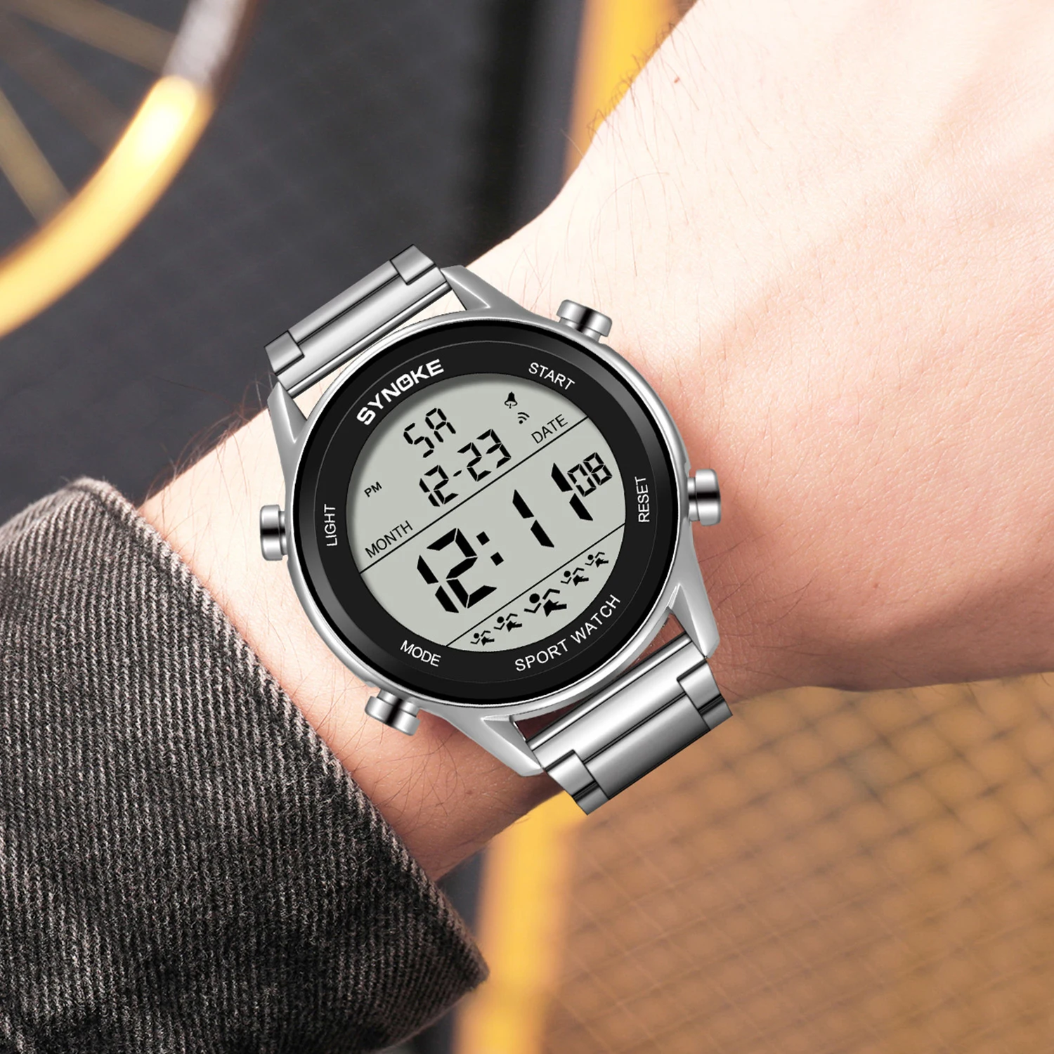 SYNOKE Stainless Steel Strap Digital Men\'s Watches Chrono Clock Waterproof Male Wristwatch Electronic Watches Relogio Masculino