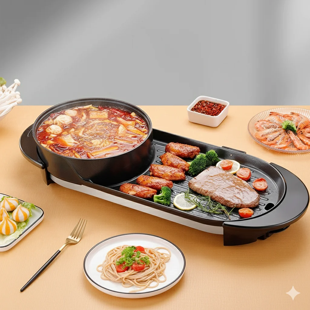 

Shabu-shabu and grilling integrated pot, 2-in-1 smokeless electric grilling pan, multifunctional home hot pot