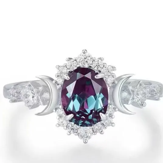 

Withered S925 Sterling Silver Star Moon Egg Shaped Inlaid With Colorful Zircon Versatile Design