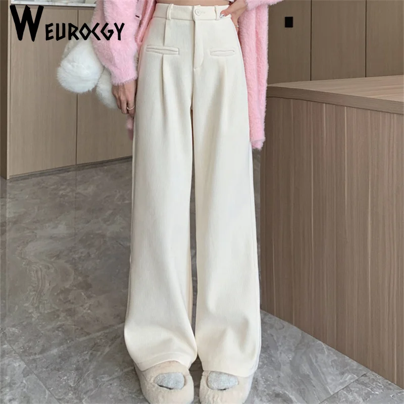 

2024 Winter Women Warm Velvet Lined Casual Thick Plush High Waist Thick Wide Leg Corduroy Pants Korean Edition Pantalones