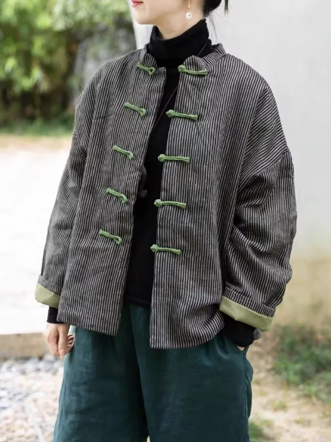 Retro Chinese Cotton Linen Striped Buttoned Thiened Winter Jaet Women's Loose Warm ort Coat Long Sve Stand Collar