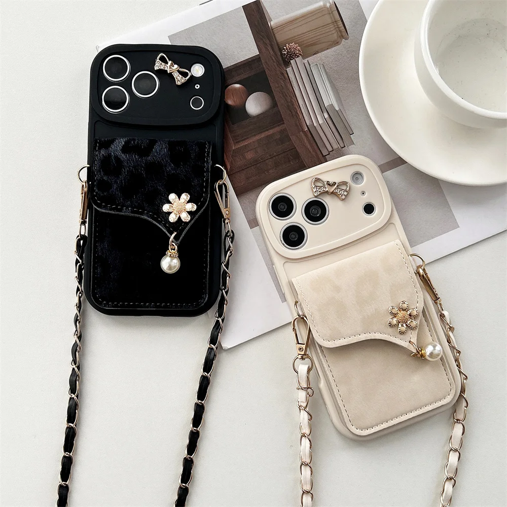 Y2K Leopard Print Card Holder Phone Case for 17 Pro Max Crossbody Strap Floral Charm Pearl Tassel Wallet Cover for iPhone 16-6