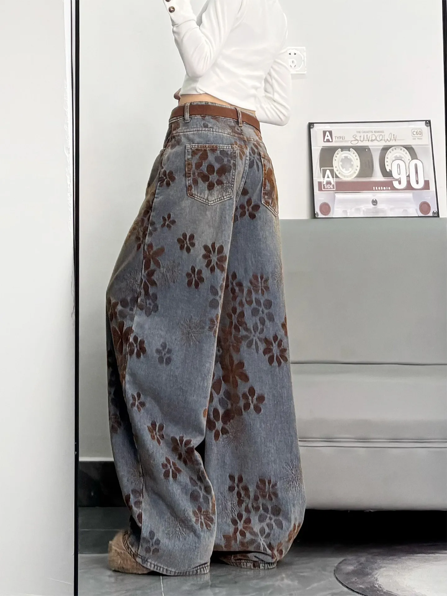 Retro Amerikanische Gestrickte Breite Bein Jeans frauen Lose Gerade Geschnitten Hosen Frühjahr Neue Design Schlankheits Wirkung Casual Jeans