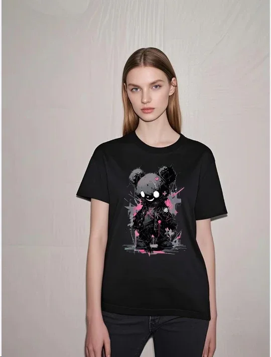 

2025 Summer Black Bear Fashion Pattern Printed Cartoon T-shirt Casual Loose Personality Short Sleeve, Cotton Street Top