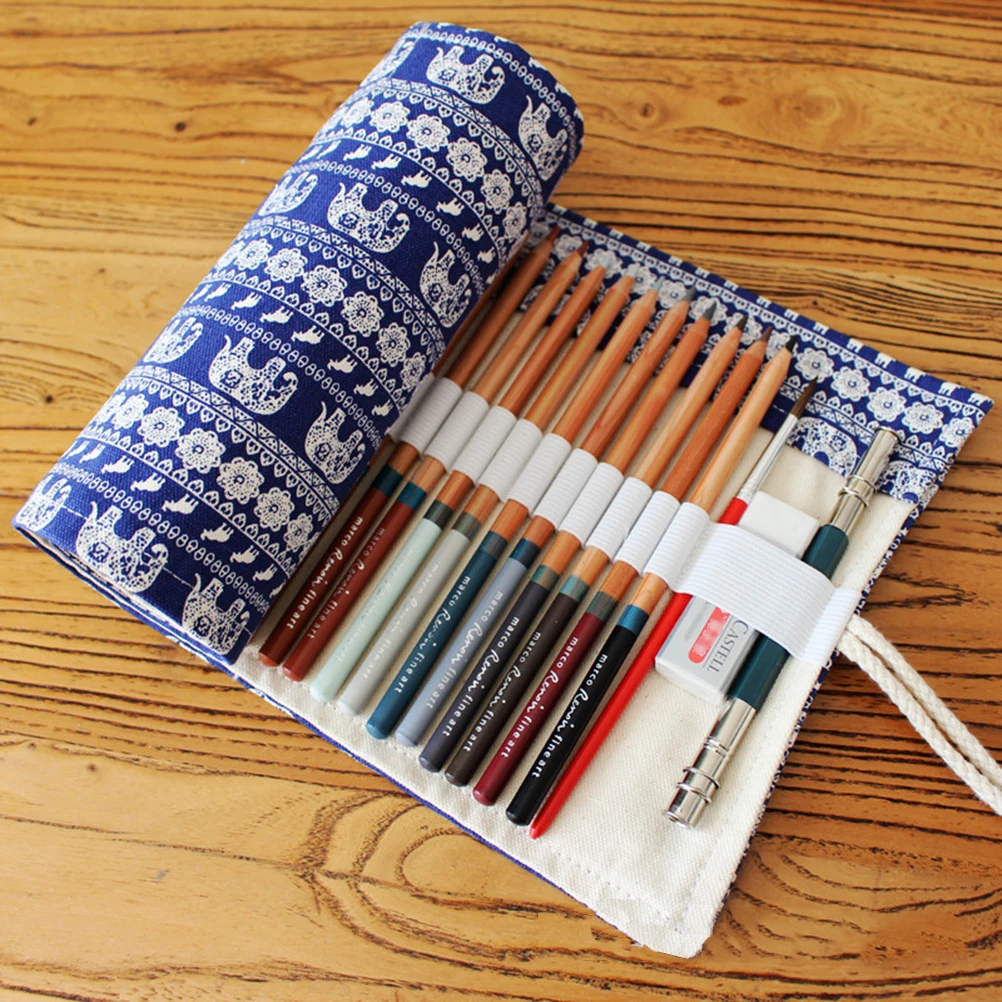 

Canvas Colored Pencil Roll Wrap 48 Slot Coloring Pencil Holder Organizer NO Pencils (Blue and White Porcelain Elephant)