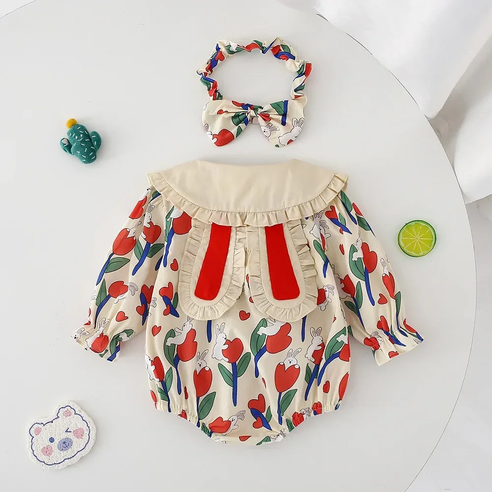 Ins Spring Newborn Girls Jumpsuit Flower Printed Knotbow Baby Girls Rompers Loose Cotton Toddler Girls Dress