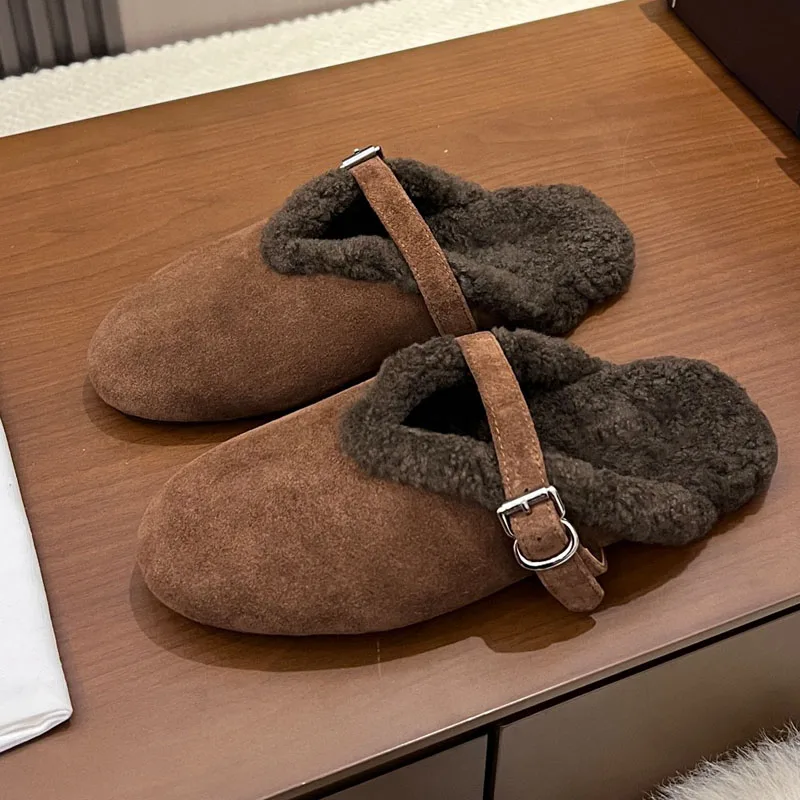 BOLOLIA New Wool Flat Slippers Women Round Toe Casual Mules Shoes Buckle Slides Female Fashion Comfort Half Slippers Woman